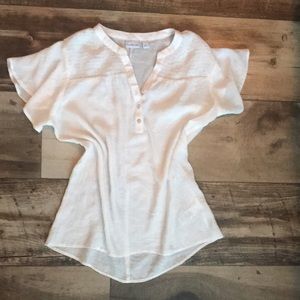 KiM ROGERS  White Linen Button Front Embroidered V-neck  casual shirt